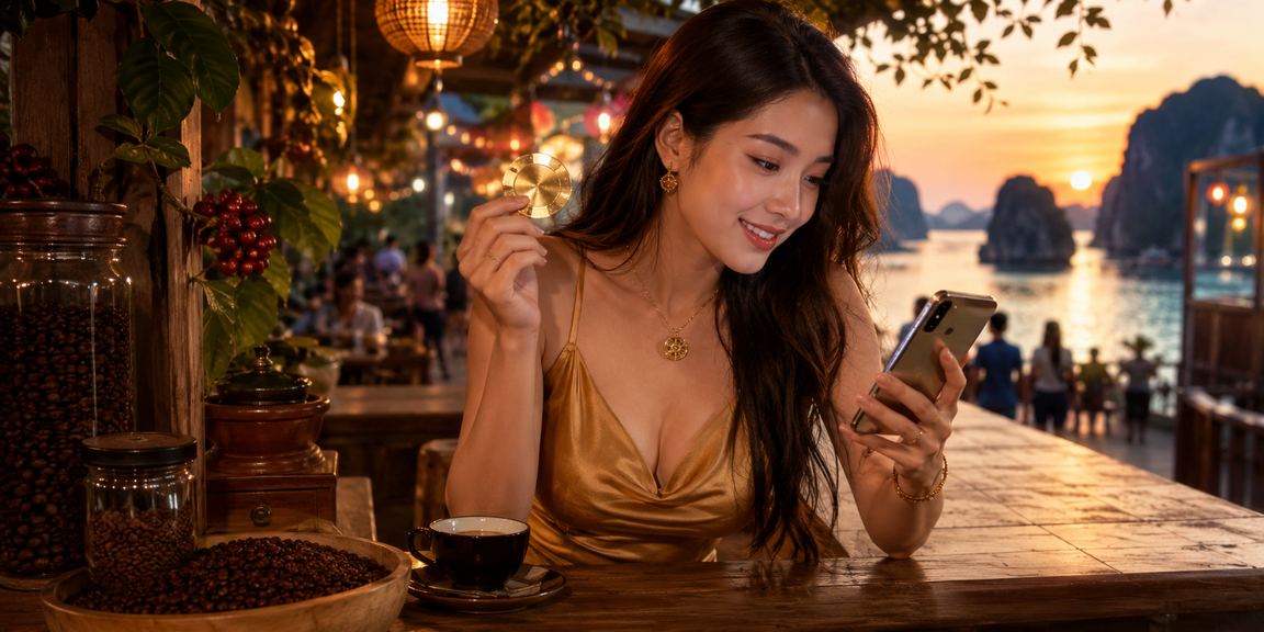Người dùng tại Hạ Long Bay thưởng thức cà phê và chơi casino di động i200