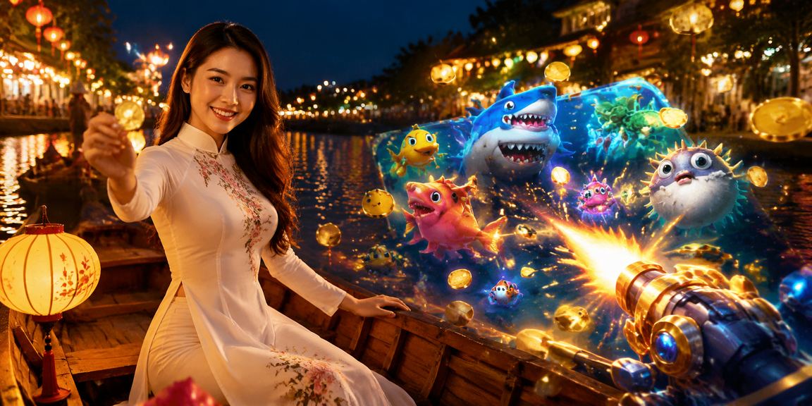 Người chơi tại Hội An thư giãn với trò chơi bắn cá dưới ánh đèn lồng